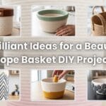 A collage featuring the text '10 Brilliant Ideas for a Beautiful Rope Basket DIY Project' centered over a large rope basket background, surrounded by six smaller images showcasing various DIY rope basket ideas, including leather accents, color-blocking, zigzag patterns, and other embellishments.