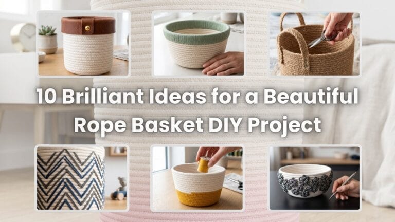 A collage featuring the text '10 Brilliant Ideas for a Beautiful Rope Basket DIY Project' centered over a large rope basket background, surrounded by six smaller images showcasing various DIY rope basket ideas, including leather accents, color-blocking, zigzag patterns, and other embellishments.