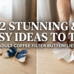 A split-screen featured image showing hands making minimalist art and finished rustic coffee filter butterflies decor.