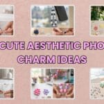 A horizontal blog cover collage showcasing six unique handmade beaded wristlets with a pink faux fur background, featuring bold pink and black text that reads 10 Cute Aesthetic Phone Charm Ideas.