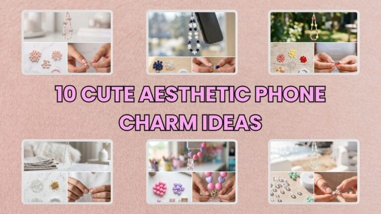 A horizontal blog cover collage showcasing six unique handmade beaded wristlets with a pink faux fur background, featuring bold pink and black text that reads 10 Cute Aesthetic Phone Charm Ideas.