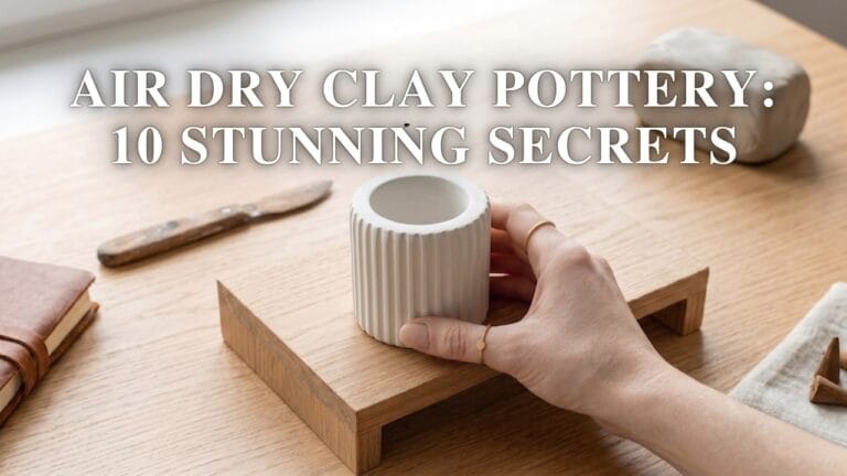 A blog cover photograph featuring a manicured hand placing a white fluted air dry clay pottery vessel onto an open studio display stand.