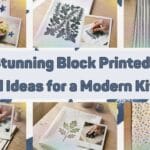 A blog featured banner with a text overlay reading 10 Stunning Block Printed Tea Towel Ideas for a Modern Kitchen displaying a grid collage of handmade stamped towels with star patterns botanical herbs scandi geometry and colorful terrazzo flecks