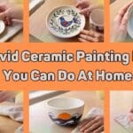 A wide blog featured banner with an orange background and a grid of six hand painted ceramics surrounding a bold headline that reads 15 Vivid Ceramic Painting Ideas You Can Do At Home