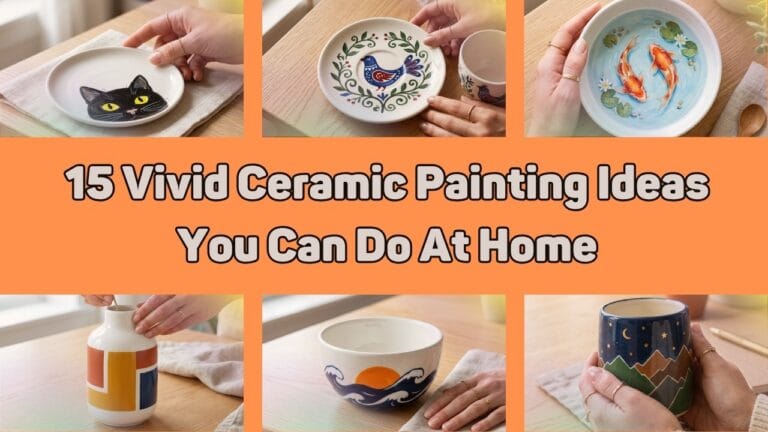 A wide blog featured banner with an orange background and a grid of six hand painted ceramics surrounding a bold headline that reads 15 Vivid Ceramic Painting Ideas You Can Do At Home