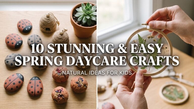 A 16:9 split-screen featured image showing female artisan hands holding a finished botanical suncatcher and a collection of natural spring daycare crafts on a light oak table, with text overlay.