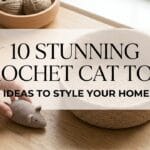 A manicured hand placing a finished crochet mouse toy next to a modern cat basket with blog title overlay.