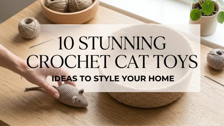 A manicured hand placing a finished crochet mouse toy next to a modern cat basket with blog title overlay.