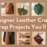 A horizontal blog featured image display of 10 different handmade leather bag charms with the text overlay Designer Leather Crafts 10 Scrap Projects You Will Love.