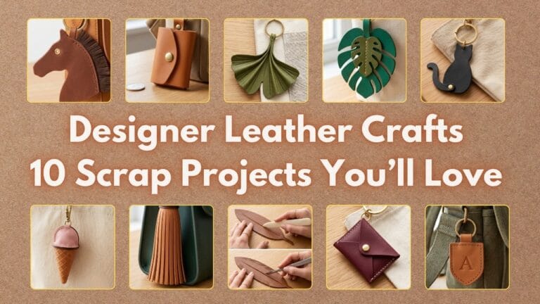 A horizontal blog featured image display of 10 different handmade leather bag charms with the text overlay Designer Leather Crafts 10 Scrap Projects You Will Love.