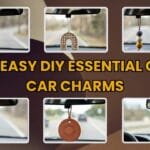 A collage grid of various handmade DIY car charms hanging from rearview mirrors, featuring text that reads 10 Easy DIY Essential Oil Car Charms over a brown abstract background.