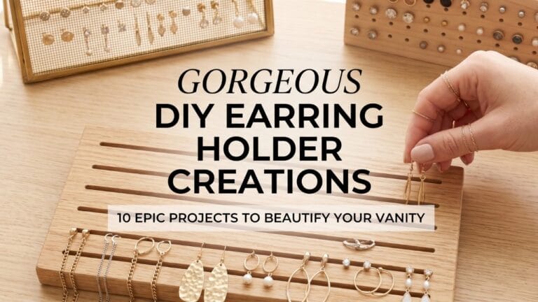 A manicured hand placing gold dangle earrings into a functional slotted wood DIY holder for organizing jewelry.