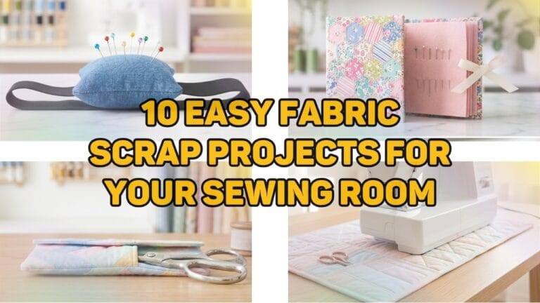 A 4-panel horizontal blog cover collage showcasing different handmade sewing room accessories, featuring a wrist pin cushion, a hexagon patchwork needle book, a fabric scrap scissors pouch, and a quilted sewing machine mat, with a bold yellow title reading 10 EASY FABRIC SCRAP PROJECTS FOR YOUR SEWING ROOM.