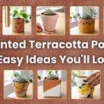 A horizontal blog featured image titled Painted Terracotta Pots 10 Easy Ideas You Will Love surrounded by a multi-photo grid of creative hand painted clay planters.