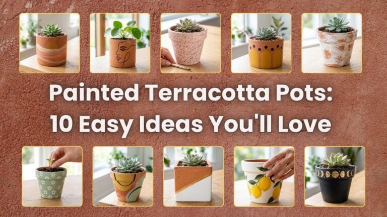 A horizontal blog featured image titled Painted Terracotta Pots 10 Easy Ideas You Will Love surrounded by a multi-photo grid of creative hand painted clay planters.