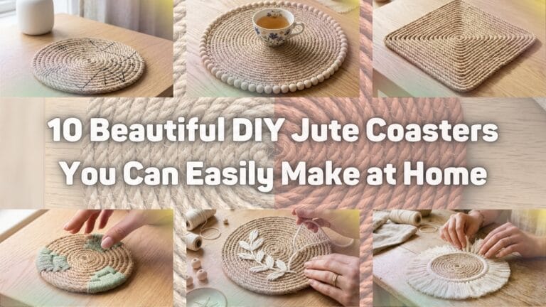 A blog featured banner with a text overlay reading 10 Beautiful DIY Jute Coasters You Can Easily Make at Home displaying a collage of handmade jute rope coasters with various designs including painted geometric lines wooden beads embroidery and macrame fringe