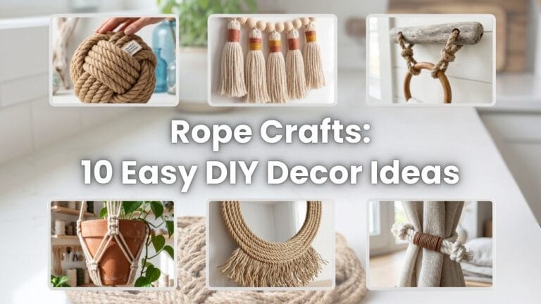 A horizontal blog featured image titled Rope Crafts 10 Easy DIY Decor Ideas surrounded by a clean grid of handmade knotted rope home decorations.