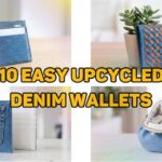 A 4-panel horizontal blog cover collage showcasing different handmade upcycled denim wallets, featuring a minimalist card sleeve by a mug, a braided denim-leather wallet by a succulent, a back-pocket bi-fold, and a coin pouch, with a bold yellow title reading 10 EASY UPCYCLED DENIM WALLETS.