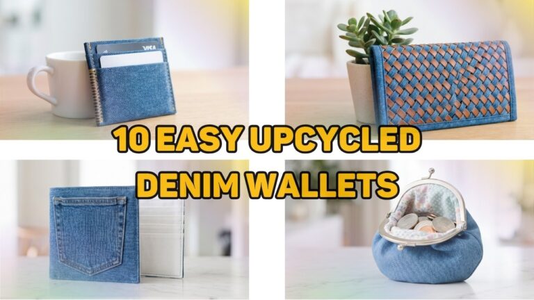 A 4-panel horizontal blog cover collage showcasing different handmade upcycled denim wallets, featuring a minimalist card sleeve by a mug, a braided denim-leather wallet by a succulent, a back-pocket bi-fold, and a coin pouch, with a bold yellow title reading 10 EASY UPCYCLED DENIM WALLETS.