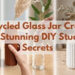 An aesthetic collage of four DIY projects featuring upcycled glass jars, including a concrete pedestal jar, a leather-sleeve bottle, a twine-wrapped vase, and a travertine-textured fluted vase, perfect for modern home decor.