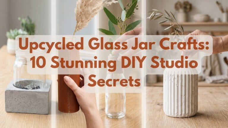 An aesthetic collage of four DIY projects featuring upcycled glass jars, including a concrete pedestal jar, a leather-sleeve bottle, a twine-wrapped vase, and a travertine-textured fluted vase, perfect for modern home decor.