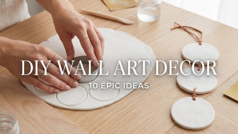 The manicured hands of a young woman making minimalist matte clay disc DIY wall art decor with blog post title overlay