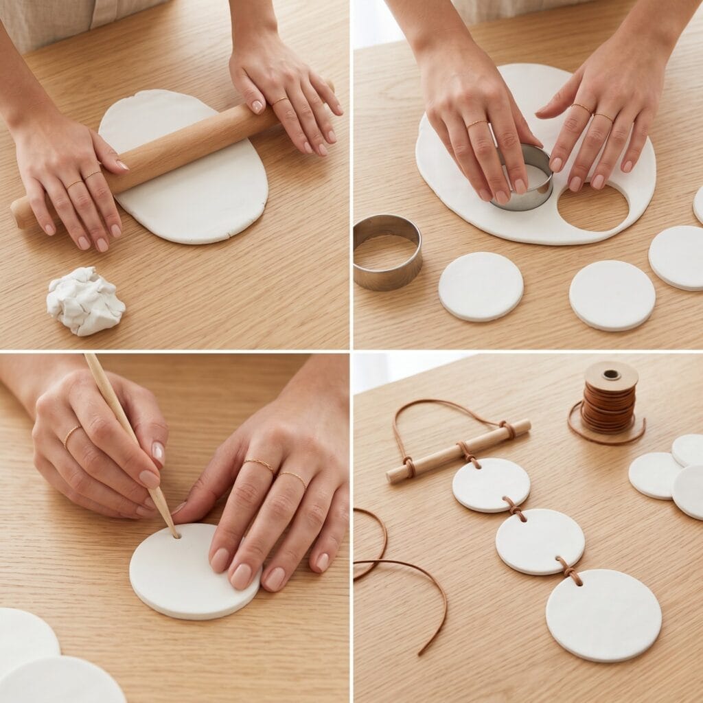 A 4-panel step-by-step masterclass showing how to make a minimalist matte clay disc wall hanging for modern room decor
