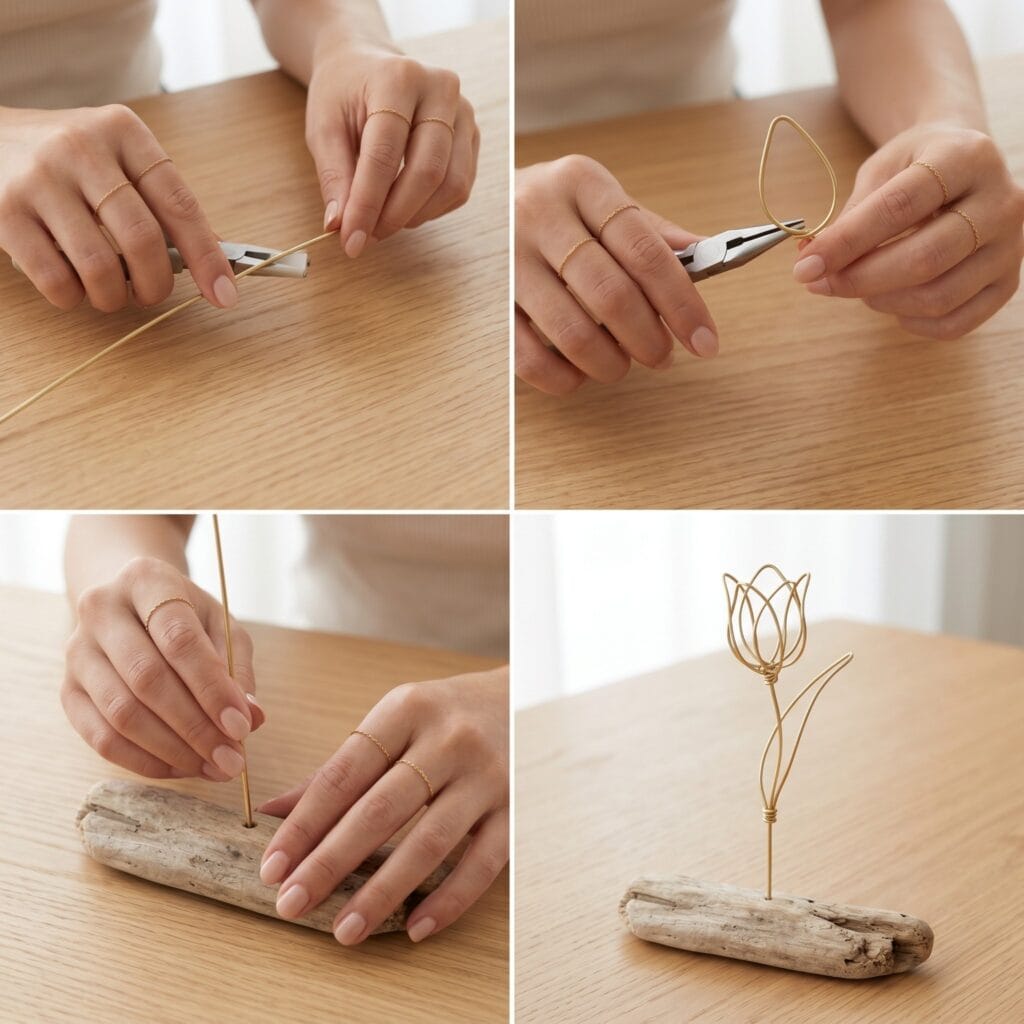 A 4-panel step-by-step masterclass showing how to make minimalist brass wire tulips on driftwood
