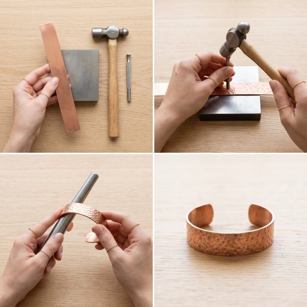 A cohesive perfectly square 2x2 photo grid showing identical female artisan hands making a hammered copper cuff bracelet. Square 1: Preparation with a flat raw copper strip and ball-peen hammer. Square 2: Hammering the flat copper strip on a steel block to create texture. Square 3: Bending the textured copper strip into a C-shape. Square 4: The finished hammered copper cuff bracelet on a light oak wood table.