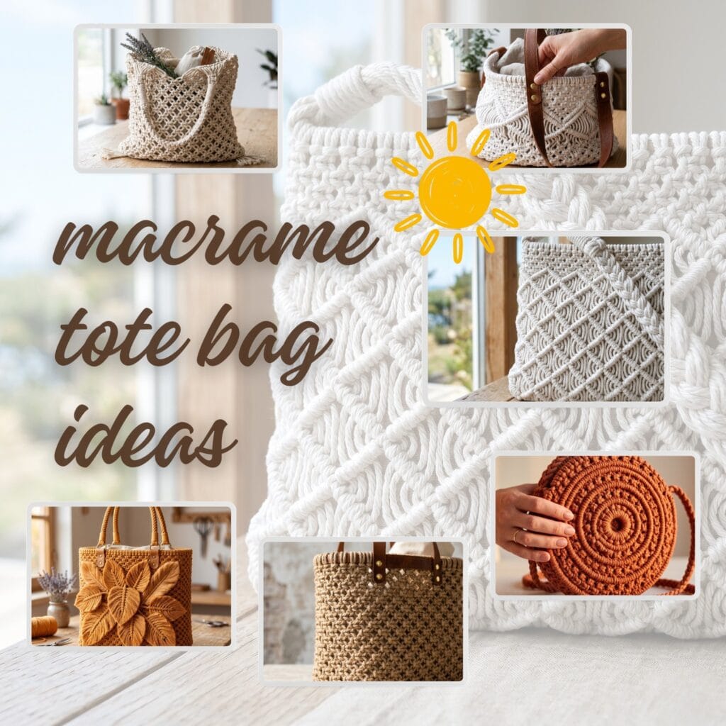 A square DIY craft collage showcasing handmade macrame totes with text reading macrame tote bag ideas decorated with a yellow sun icon.