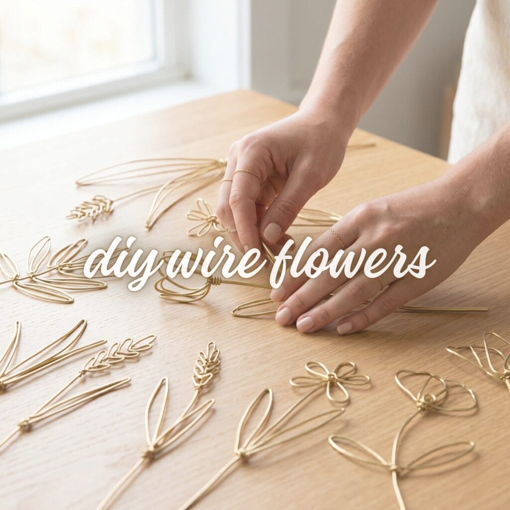 A collection of finished DIY wire flower crafts sitting on a bright light oak desk