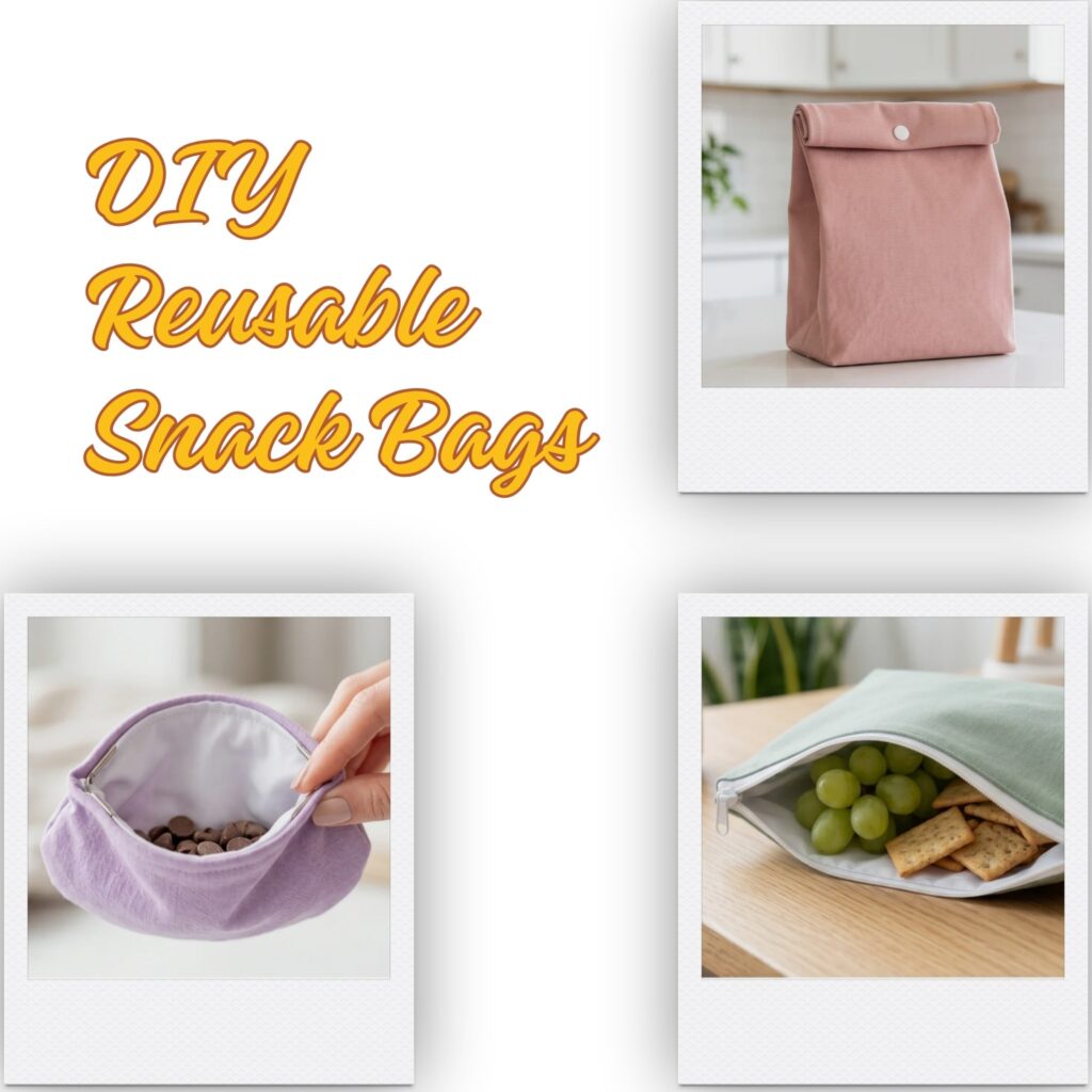 A square collage layout featuring three polaroid-style photos of handmade eco-friendly snack pouches, including a pink roll-top bag, a purple dumpling pouch with chocolate chips, and a sage green zippered pocket filled with grapes and crackers, next to orange cursive text reading DIY Reusable Snack Bags.