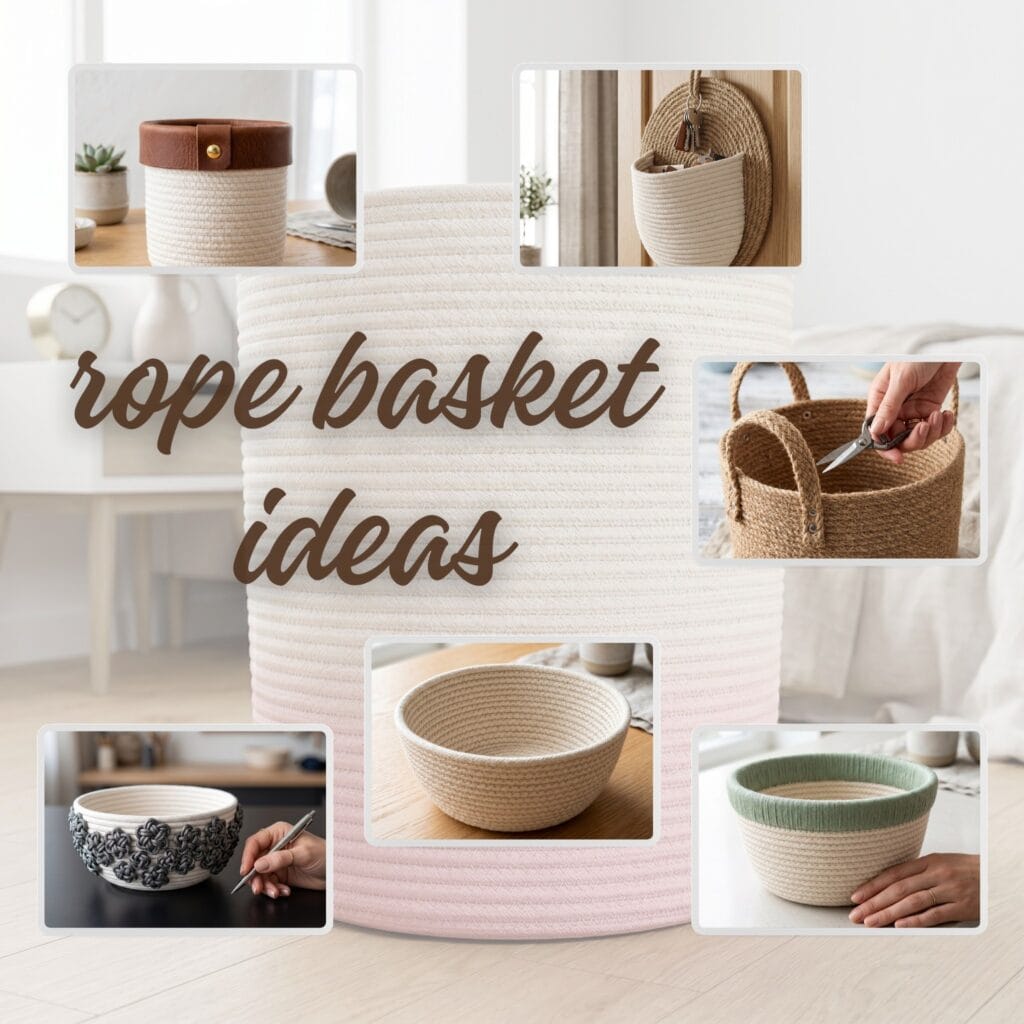A horizontal blog featured image titled 10 Brilliant Ideas for a Beautiful Rope Basket DIY Project surrounded by a modern grid of handmade cotton and jute storage bins.