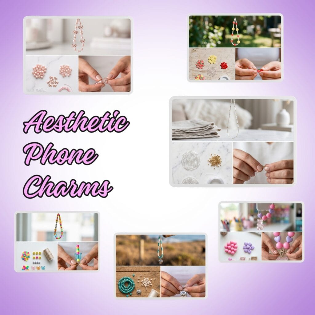 A square layout collage displaying multiple aesthetic phone charm ideas with step-by-step tutorial previews on a soft purple gradient background, highlighted by playful pink typography reading Aesthetic Phone Charms.