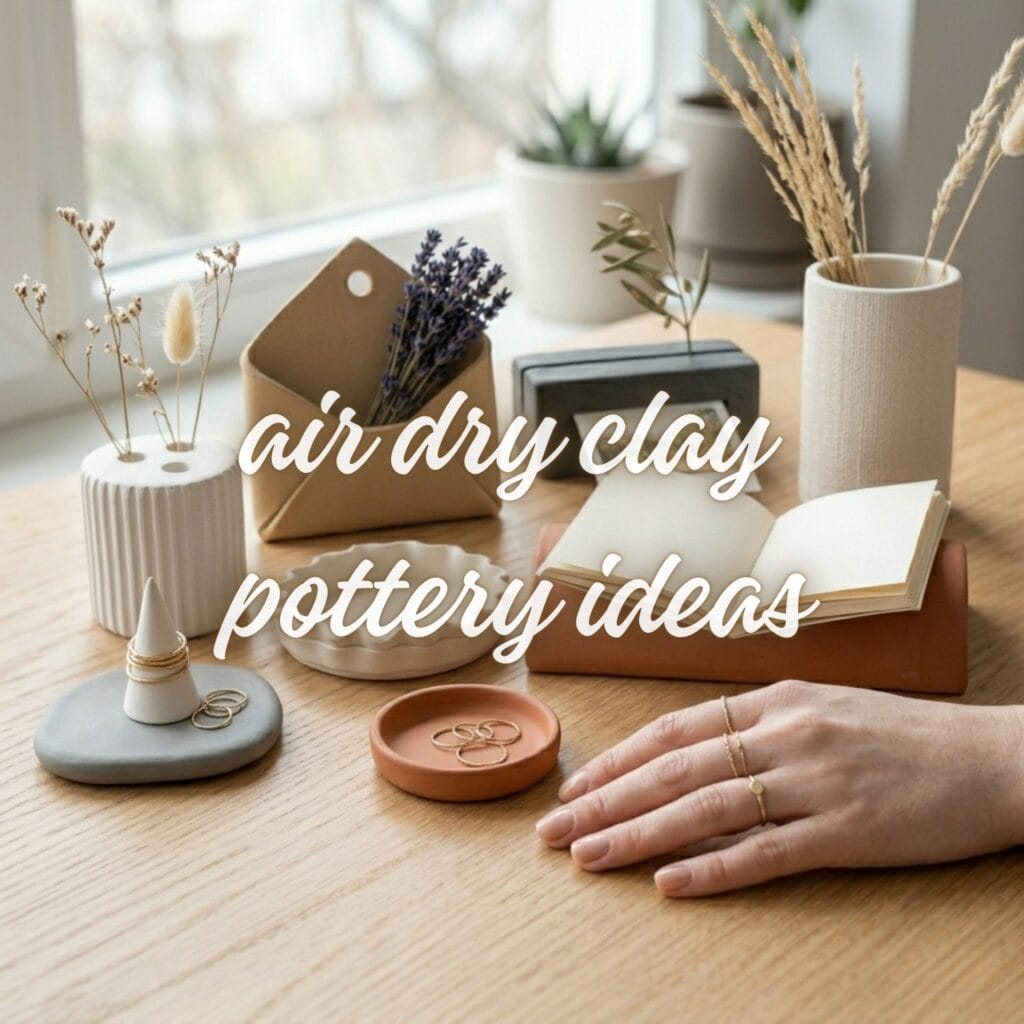 A curated studio composition of finished minimalist air dry clay pottery items including dishes, holders, and vases resting on an oak table.