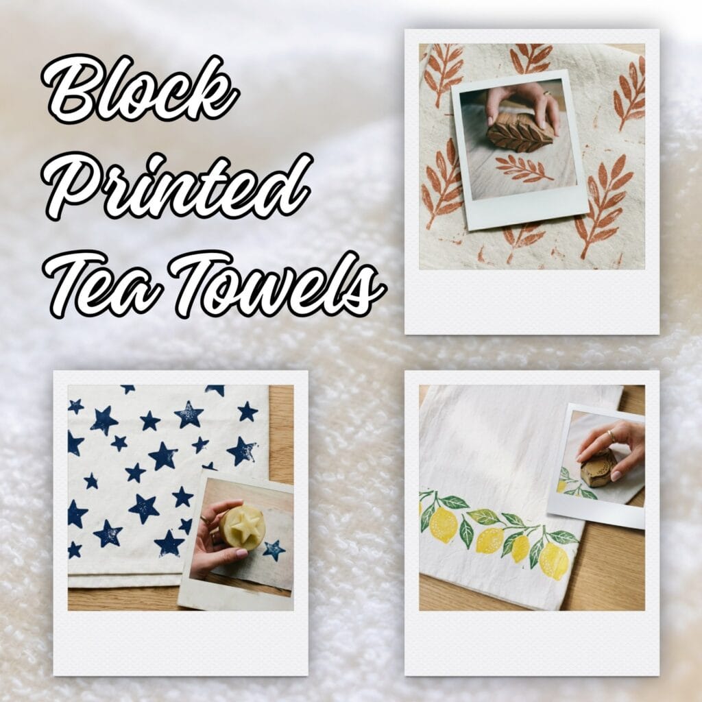 A square blog graphic with curly text reading Block Printed Tea Towels showcasing three polaroid style photos arranged on a soft textured background featuring terracotta leaf stamps navy blue potato stars and bright yellow mediterranean lemons