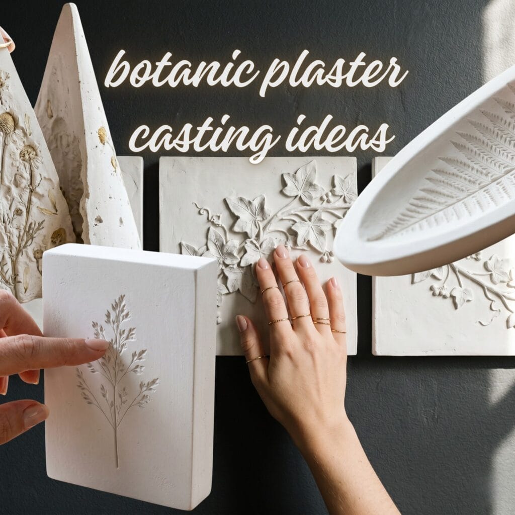 A vertical, high-quality aesthetic image featuring a collection of handmade botanical plaster casting projects. A manicured hand is gently touching the intricate, embossed wildflower and fern leaf textures on the chalky white plaster surfaces. The composition includes a minimalist square intaglio plaque, high-relief ivy wall tiles, and sculptural conical forms, all displayed against a dark, moody background. The scene reflects a professional artisan studio atmosphere with soft, natural lighting.