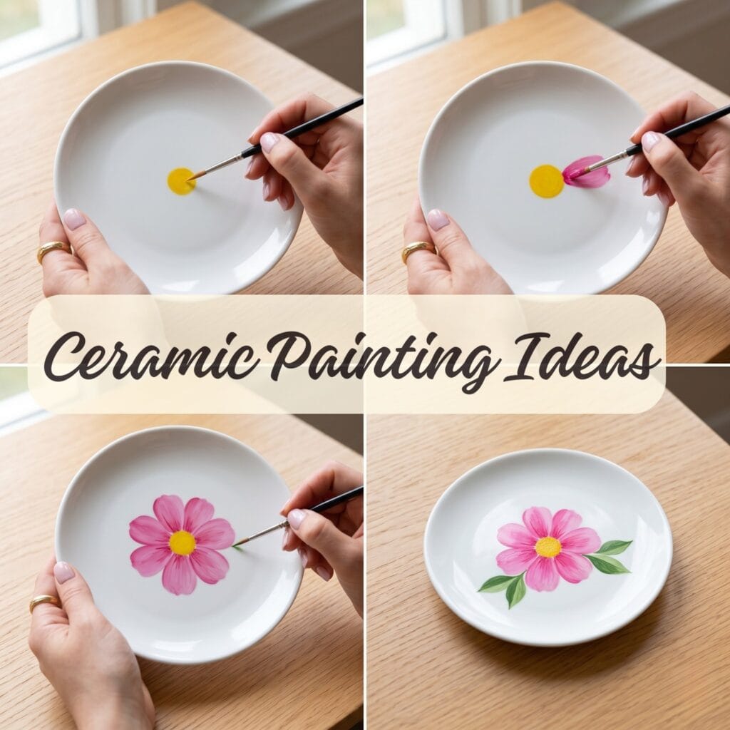 A 2x2 grid layout showing the step by step tutorial of hand painting a pink flower with a yellow center and green leaves on a white ceramic plate with a text overlay that reads Ceramic Painting Ideas