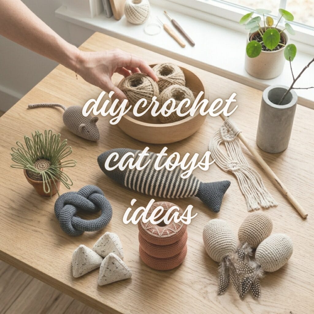 A beautifully curated collection of finished modern crochet cat toys in neutral earth tones on an oak table.