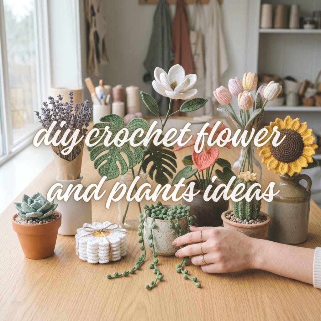 A curated collection of finished DIY crochet flowers and plants organizers blending wood, mesh, and leather on a light oak table.