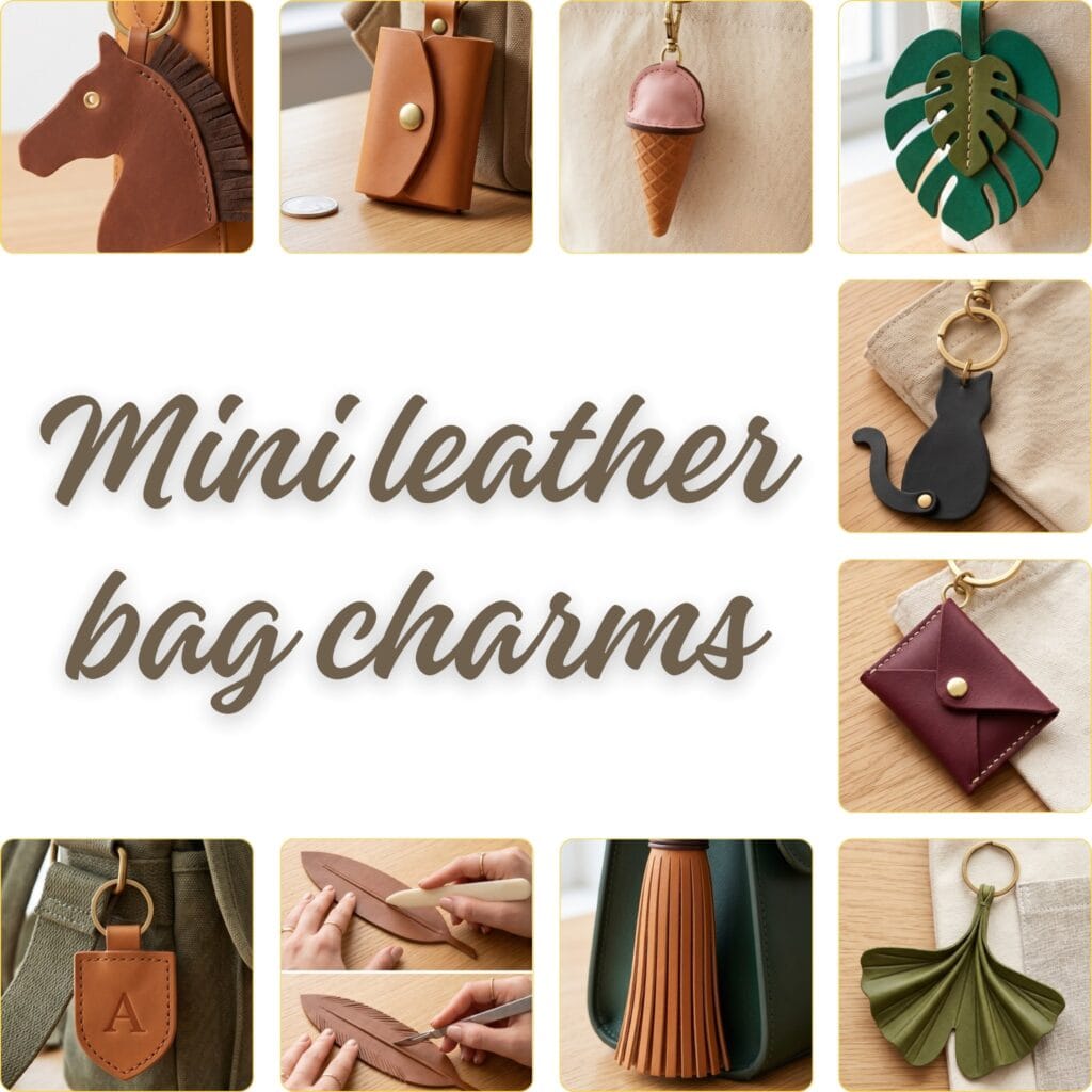 A square layout collage featuring 10 colorful handmade leather bag charms surrounding the central cursive text Mini leather bag charms.