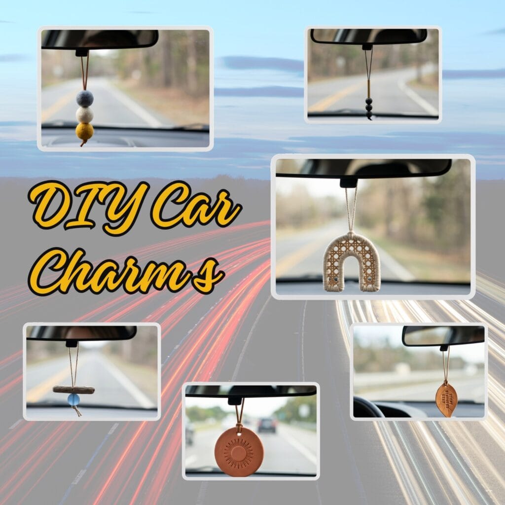 A wide blog cover collage showcasing different creative DIY car charms with a long-exposure highway road overlay and bold yellow typography reading DIY Car Charms.