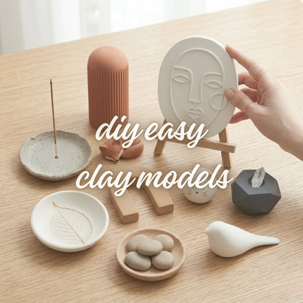 A curated composition of finished minimalist clay art and pottery projects, including foxes, arch sculptures, and speckled bowls on an oak table.