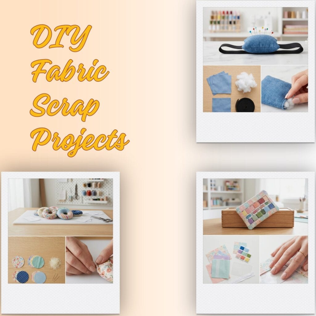 A square collage layout featuring three polaroid-style project previews of a fluffy blue wrist pin cushion, colorful pattern weight doughnuts, and a clear-window bobbin organizer pouch, next to yellow cursive text reading DIY Fabric Scrap Projects.