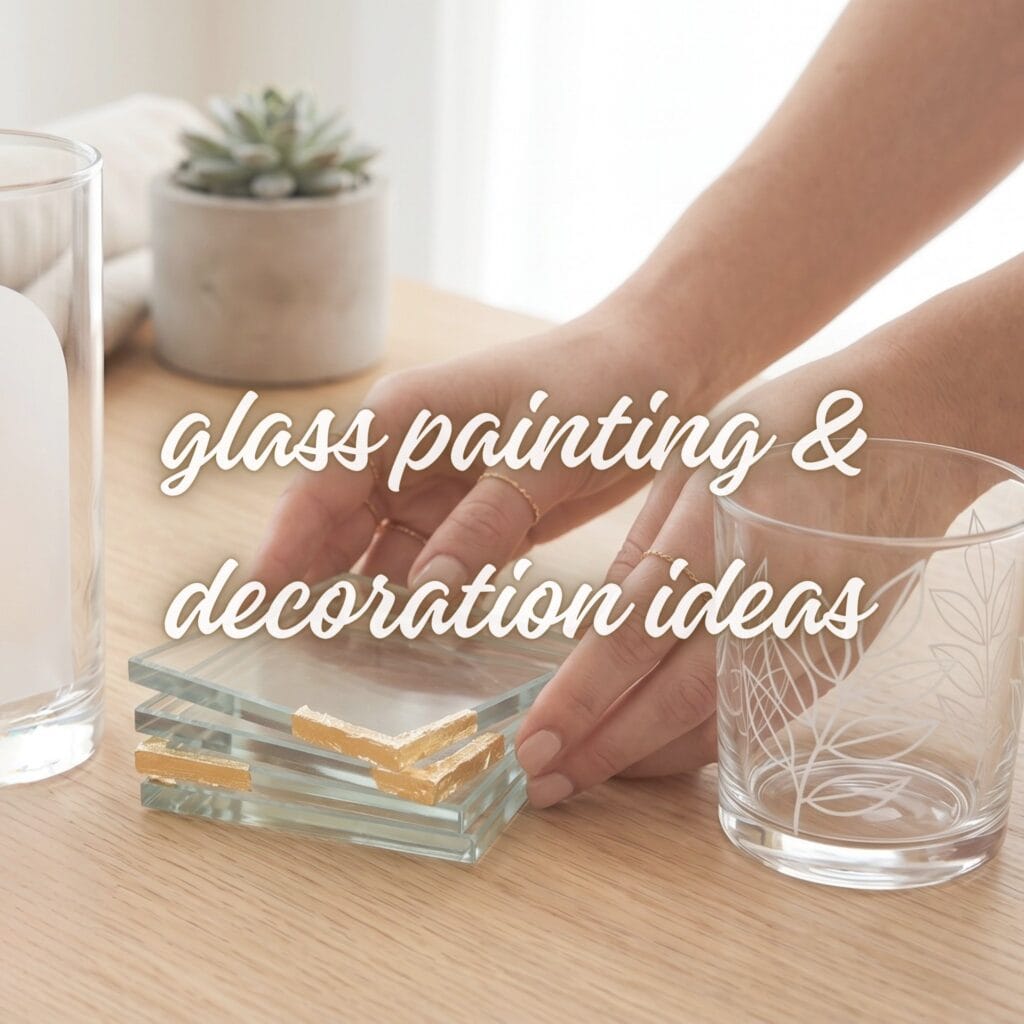 A curated collection of various finished DIY glass painting and decoration projects on a light oak table