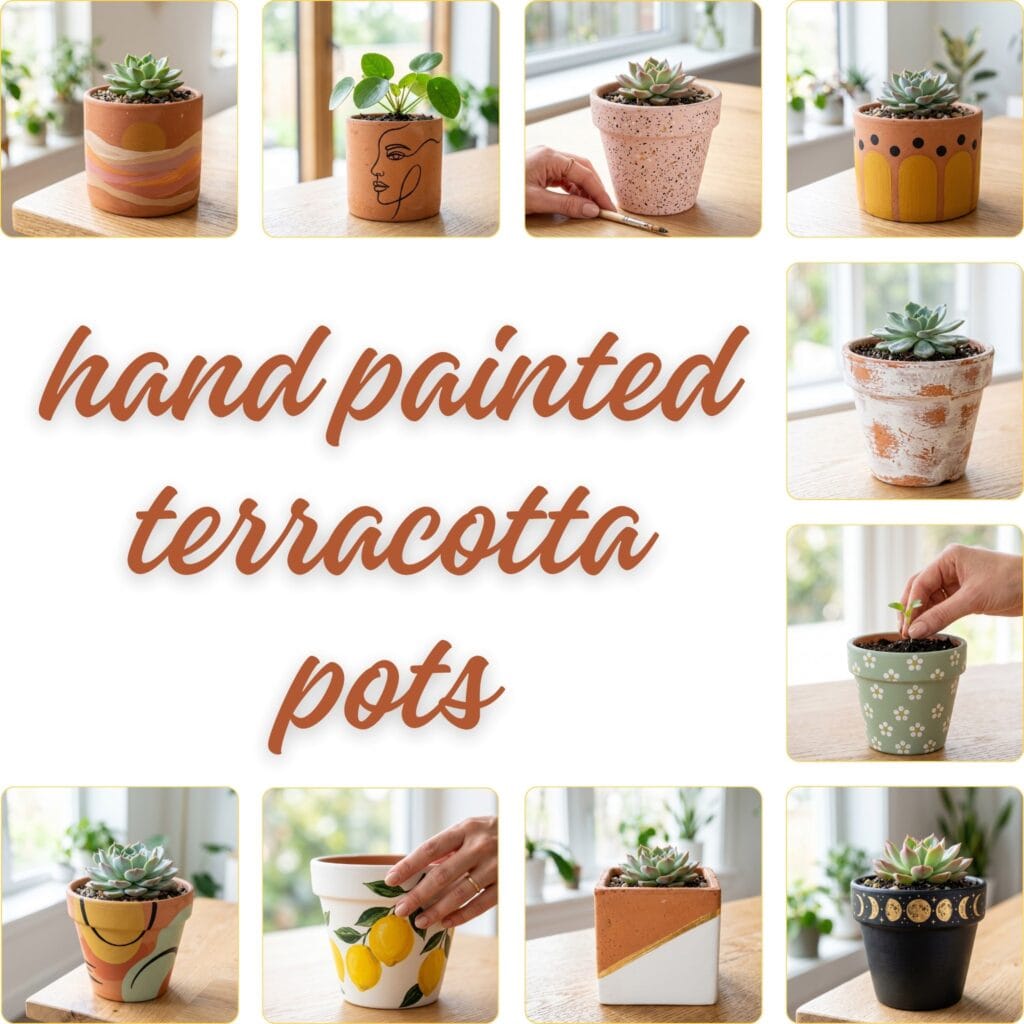 A square DIY craft collage showcasing 10 different hand painted terracotta pots layout designs around a central typography text that reads hand painted terracotta pots.