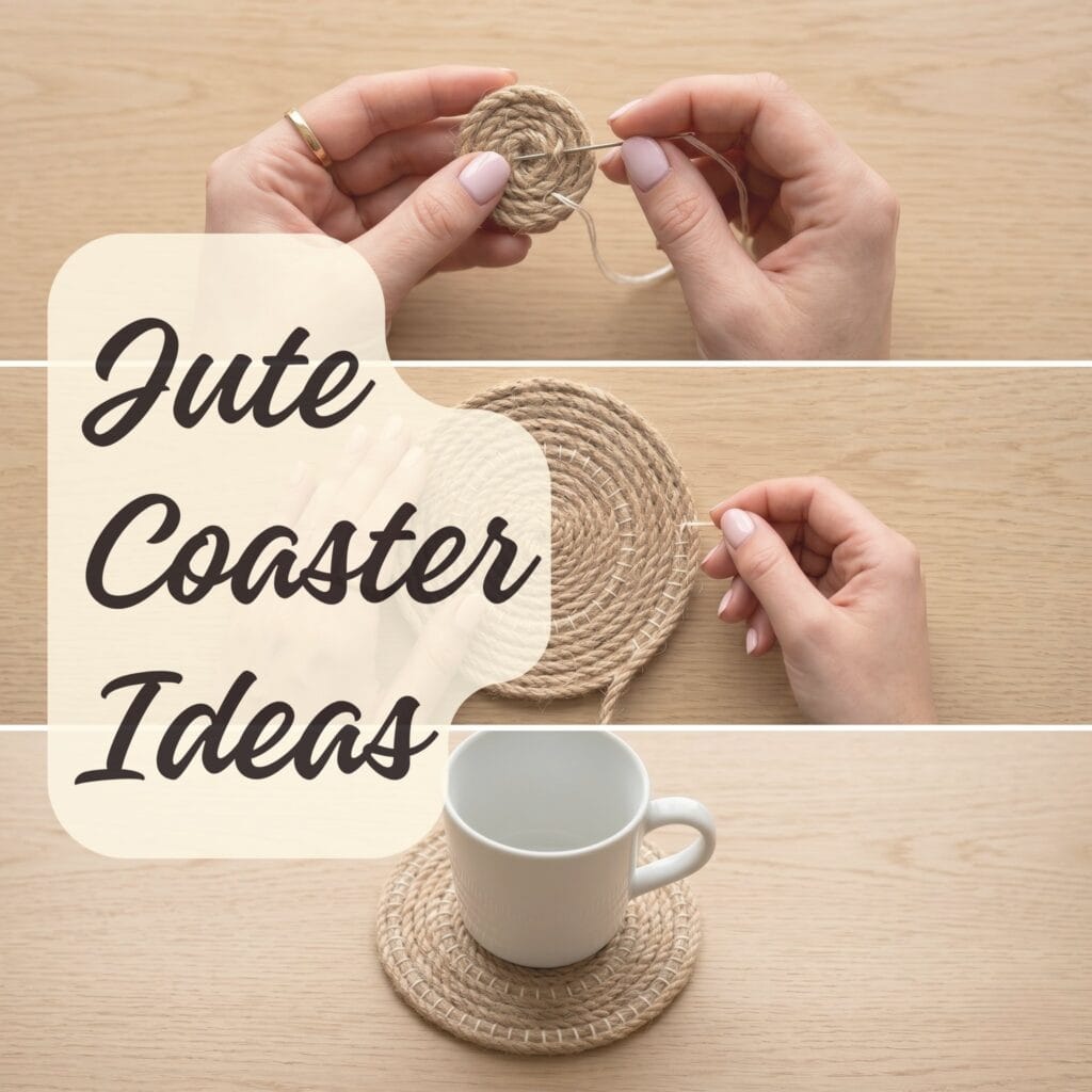 A 1x3 horizontal image showing the step by step process of making a classic jute rope coaster starting with threading a needle through a small coil then stitching the outer edge and finishing with a mug placed on a completed coaster. This is a DIY jute coasters frame.