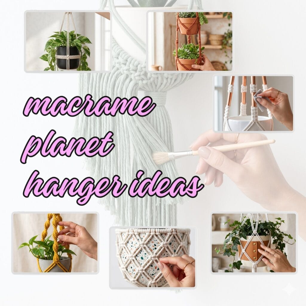 A square collage showcasing various DIY modern macrame plant hangers ideas, featuring a hand brushing cotton fringe and text that reads "macrame planet hanger ideas".