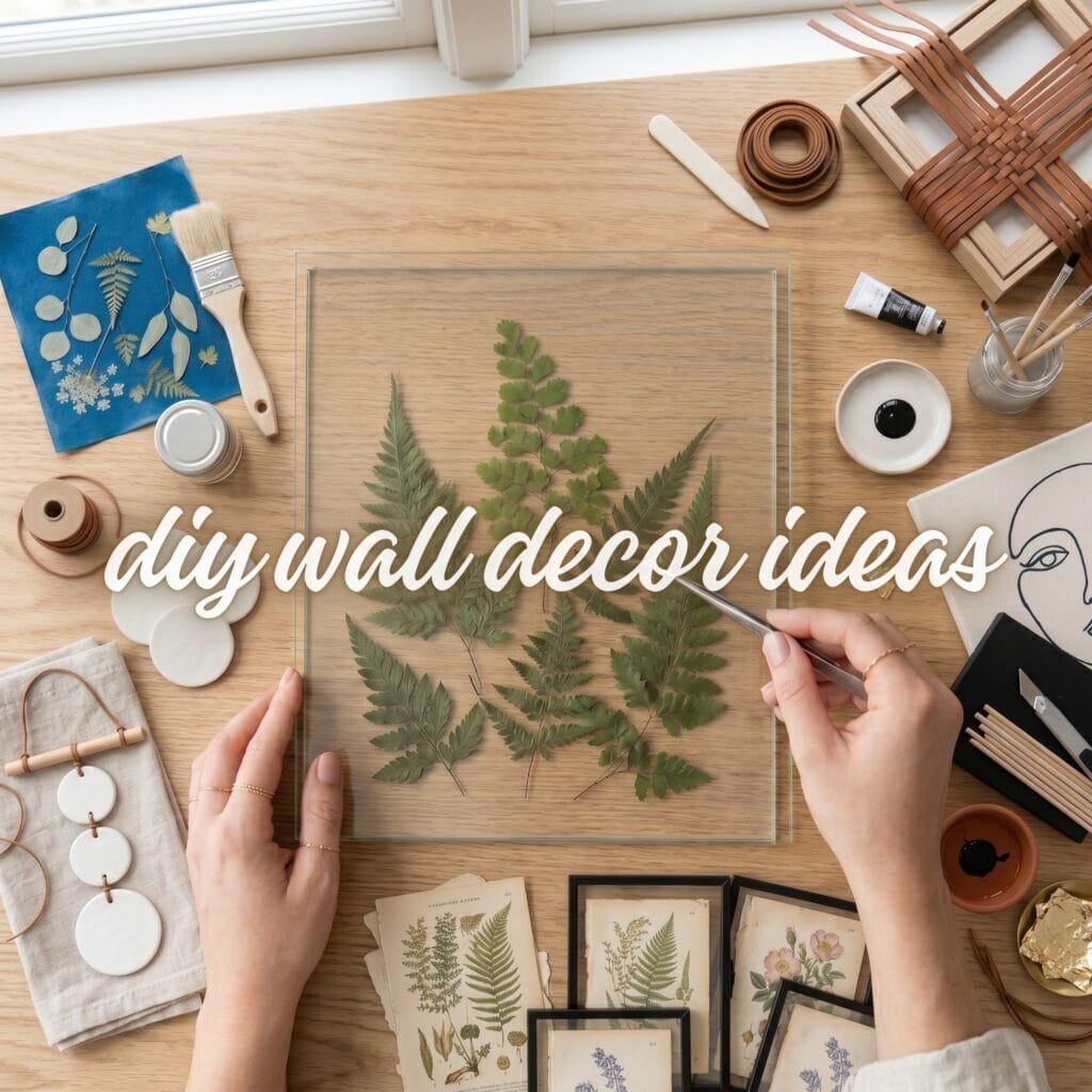A collection of finished DIY wall art decor pieces featuring a matte clay disc hanging sitting on a bright light oak desk