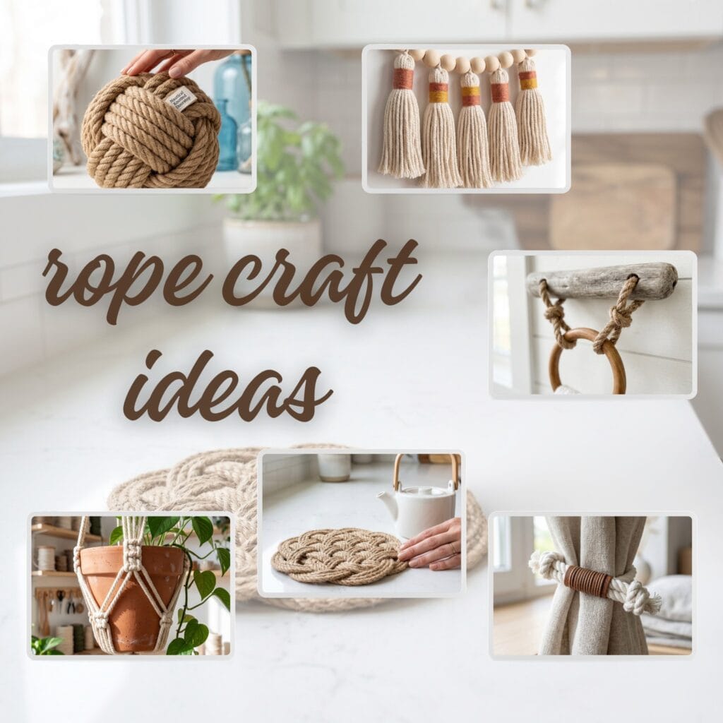 A square DIY craft collage showcasing handmade fiber accents around a central typography text that reads rope craft ideas.